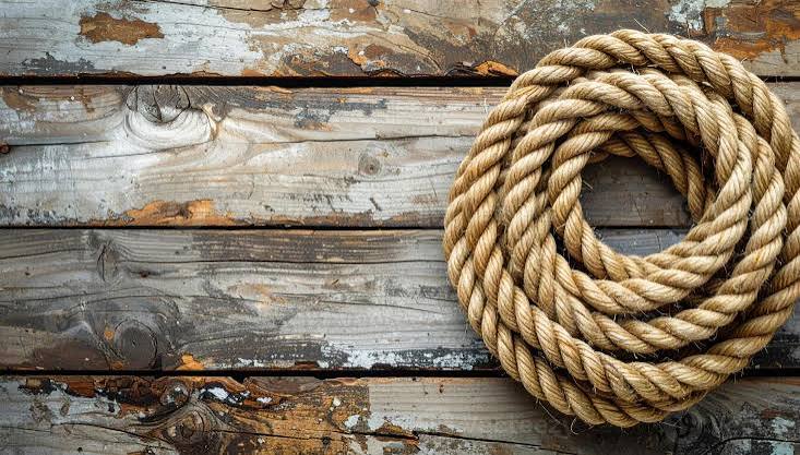 A coil of rope on weathered deck boards.