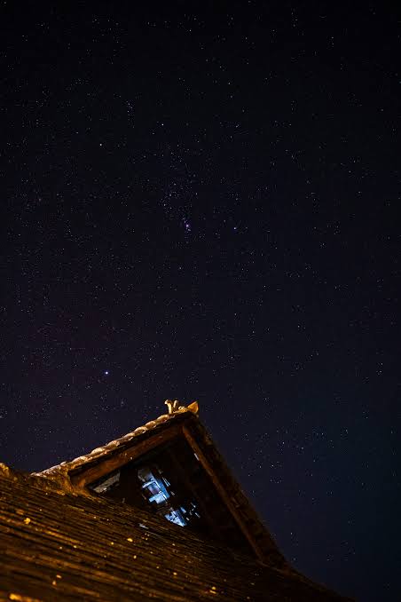 A rooftop at night under a sky thick with stars, Orion overhead β shot lying back on the roof, mostly sky.